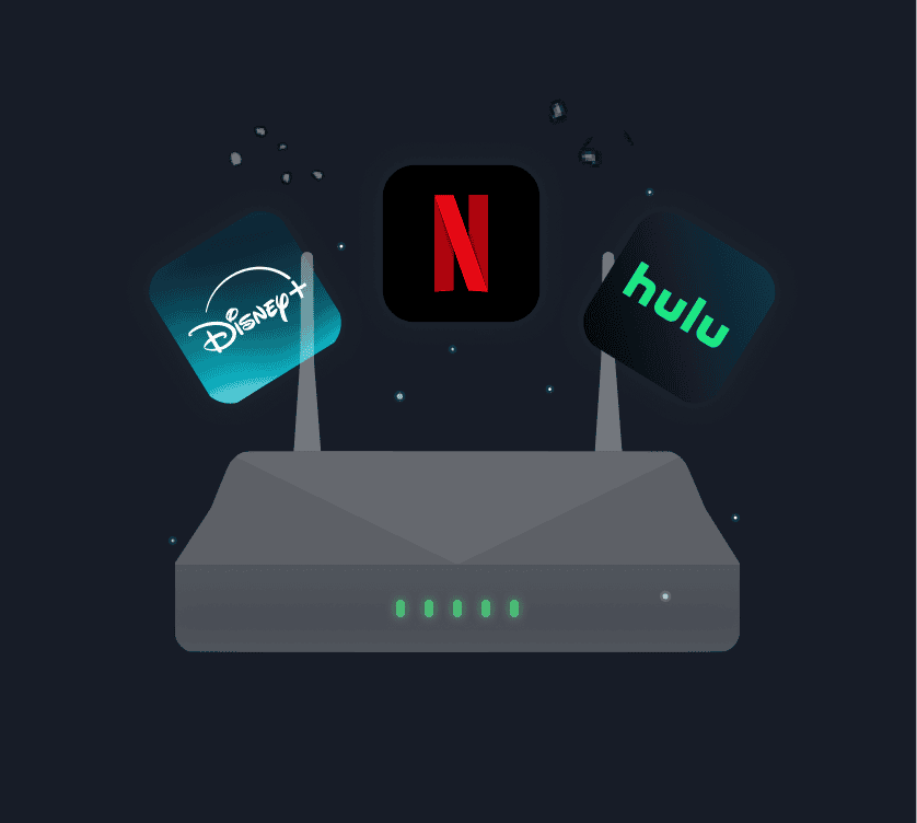 Wi-Fi router with Disney+, Netflix, and Hulu streaming service icons