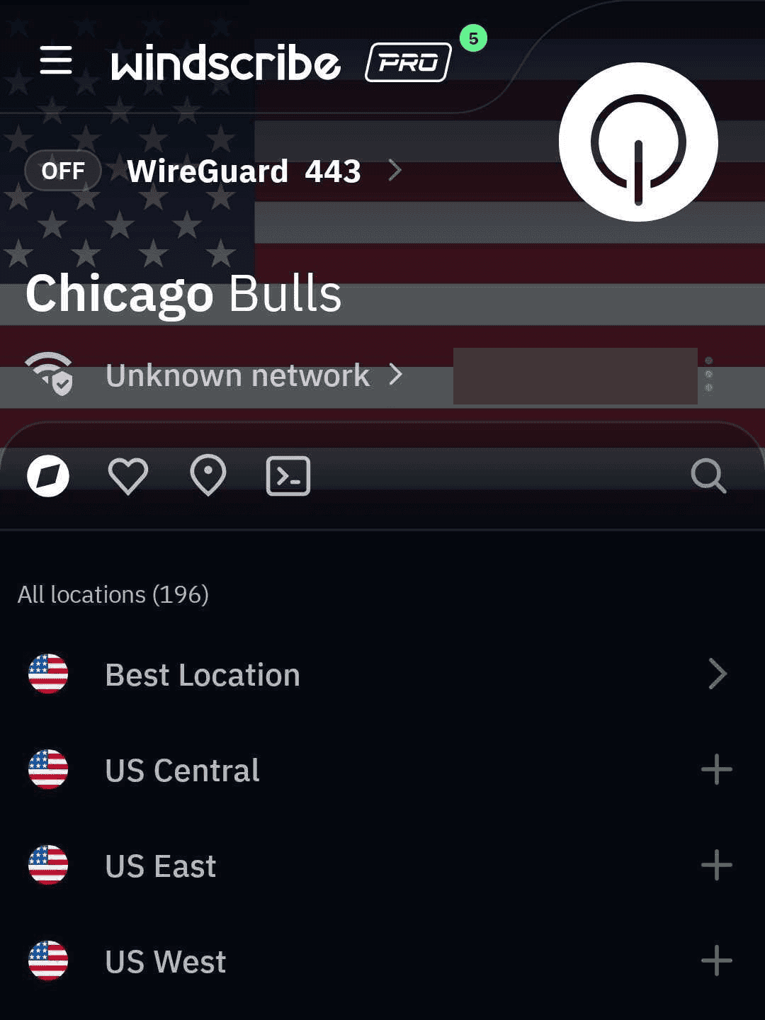 Windscribe Android Locations screen while disconnected, with the public IP address redacted