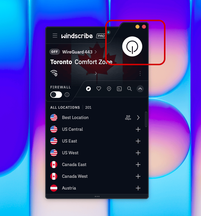 Highlighted Windscribe power button